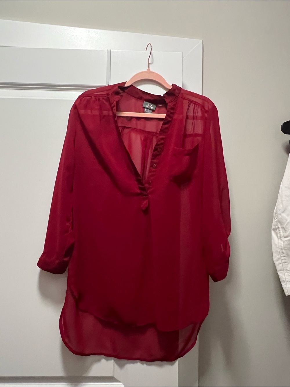 Dots Deep Red Sheer Ruffle V-Neck Blouse